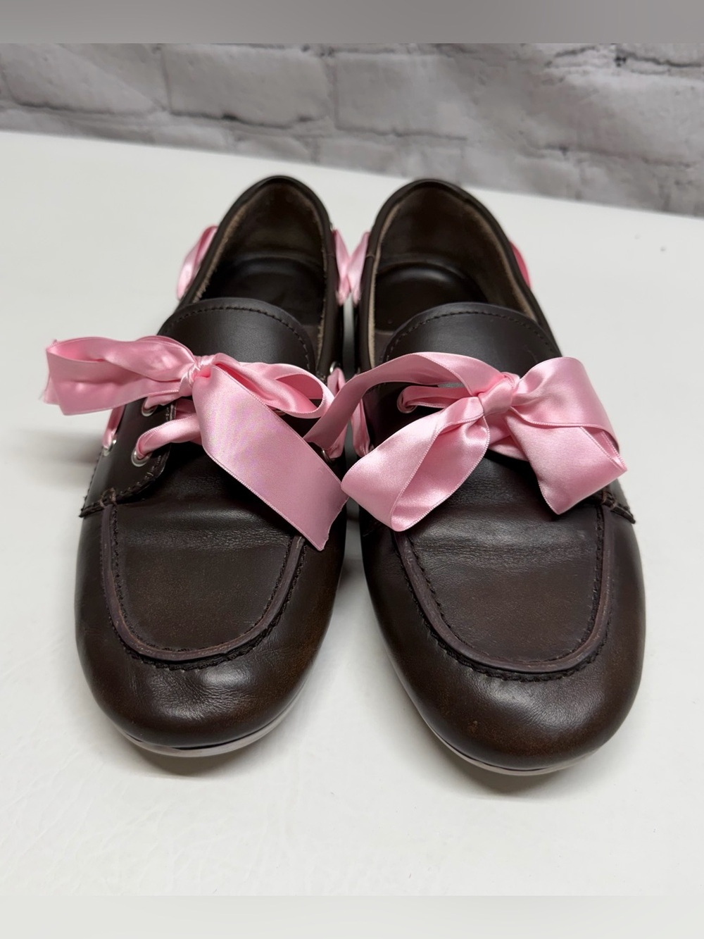 Jeffrey Campbell Brown Leather Loafers with Pink Satin Bows size 9